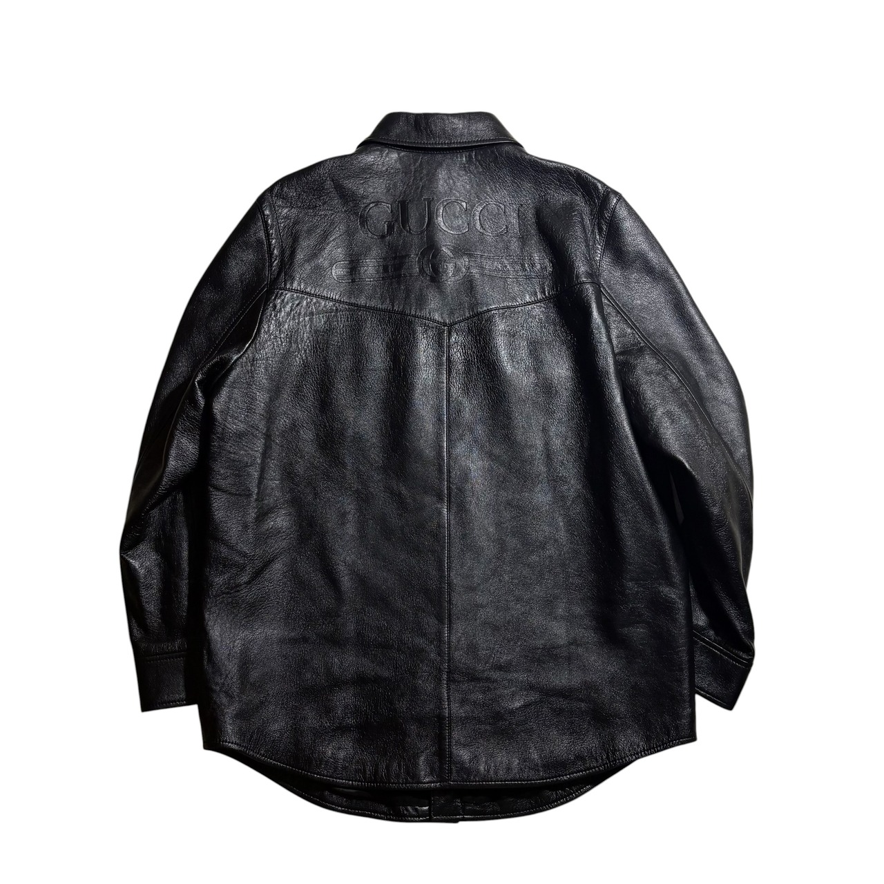 GUCCI back embossed logo black leather snap shirt jacket