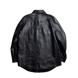 GUCCI back embossed logo black leather snap shirt jacket