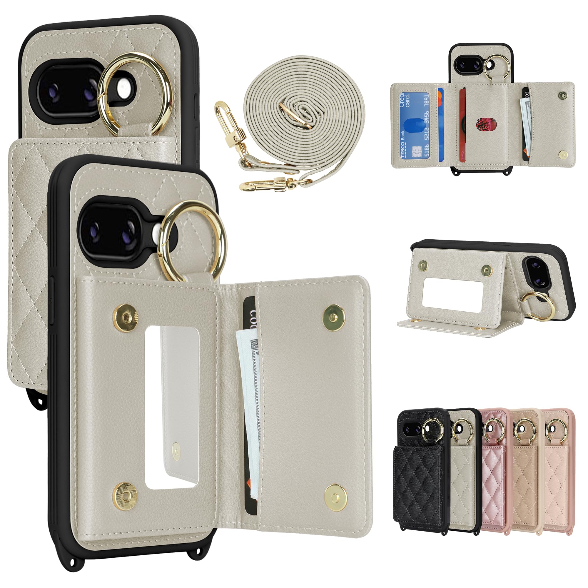 CLICSUN Google Pixel 10a 用 ケース ショルダー 背面カード収納 グーグルピクセル10a 携帯ケース PUレザー スマホケース ぐーくるぴくせる10a 対応 財布型 鏡付き ストラップ付き 斜めがけ 首掛け 肩掛け 調節可能な pixel 10a リング付き 小銭入れ 横置きスタンド機能 おしゃれ かわいい カード入れ 軽量 耐衝撃 女性 人気 チェック柄 グレー