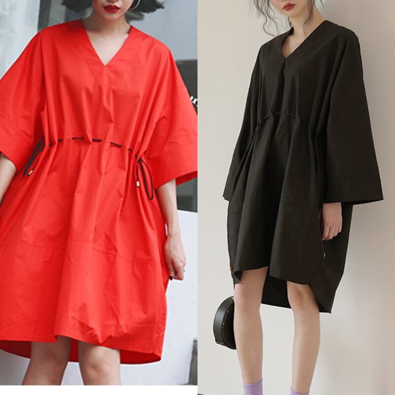 長袖 Vネック 無地 ワンピース