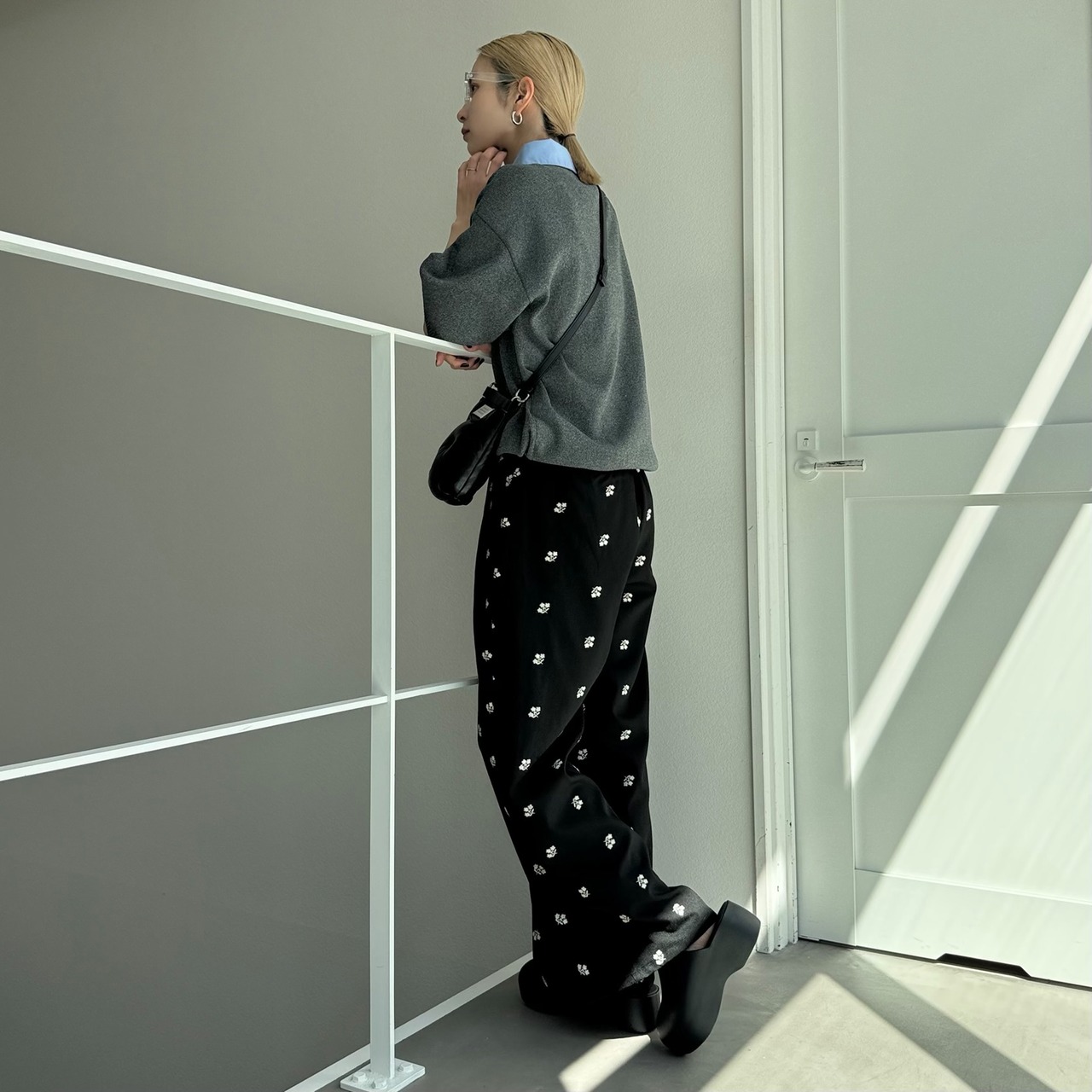 襟付半袖シャツknit/グレー