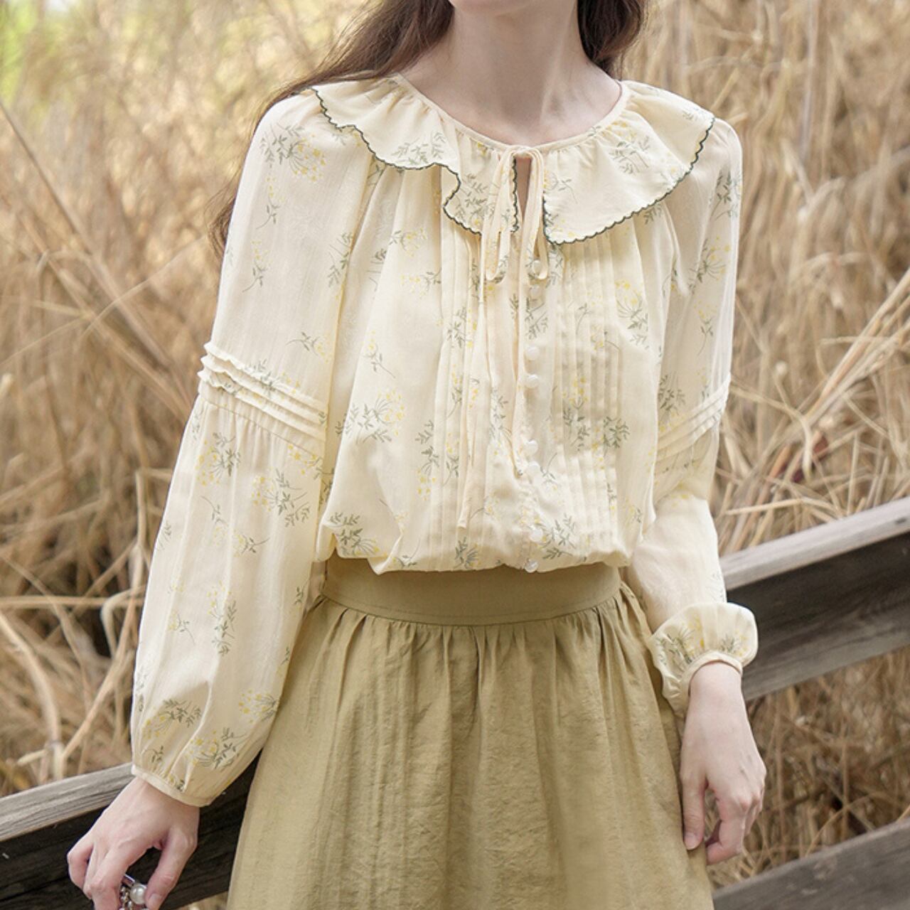 Floral Ruffle Ribbon Blouse R0089