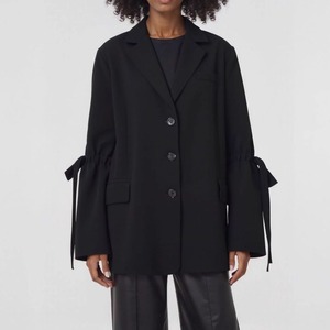 BLACK SINGLE BREAST DRAWSTRING DESIGN JACKET 1color M-15451