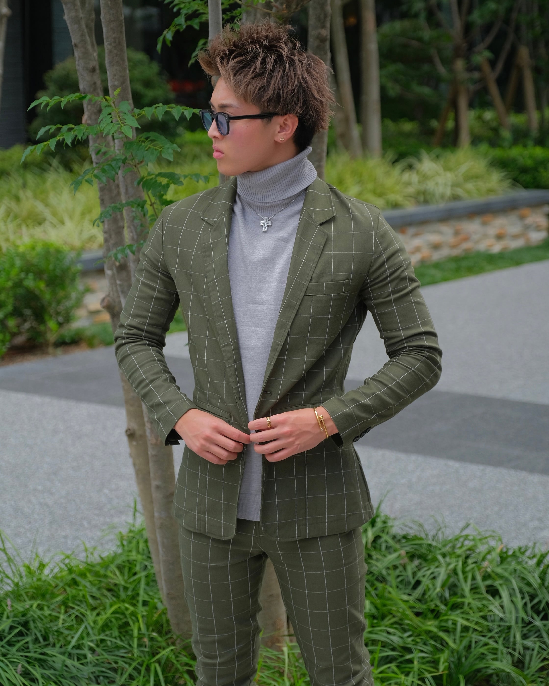 LUXURY KHAKI CHECK JACKET【BB23007】 | BELINDA OFFICIAL