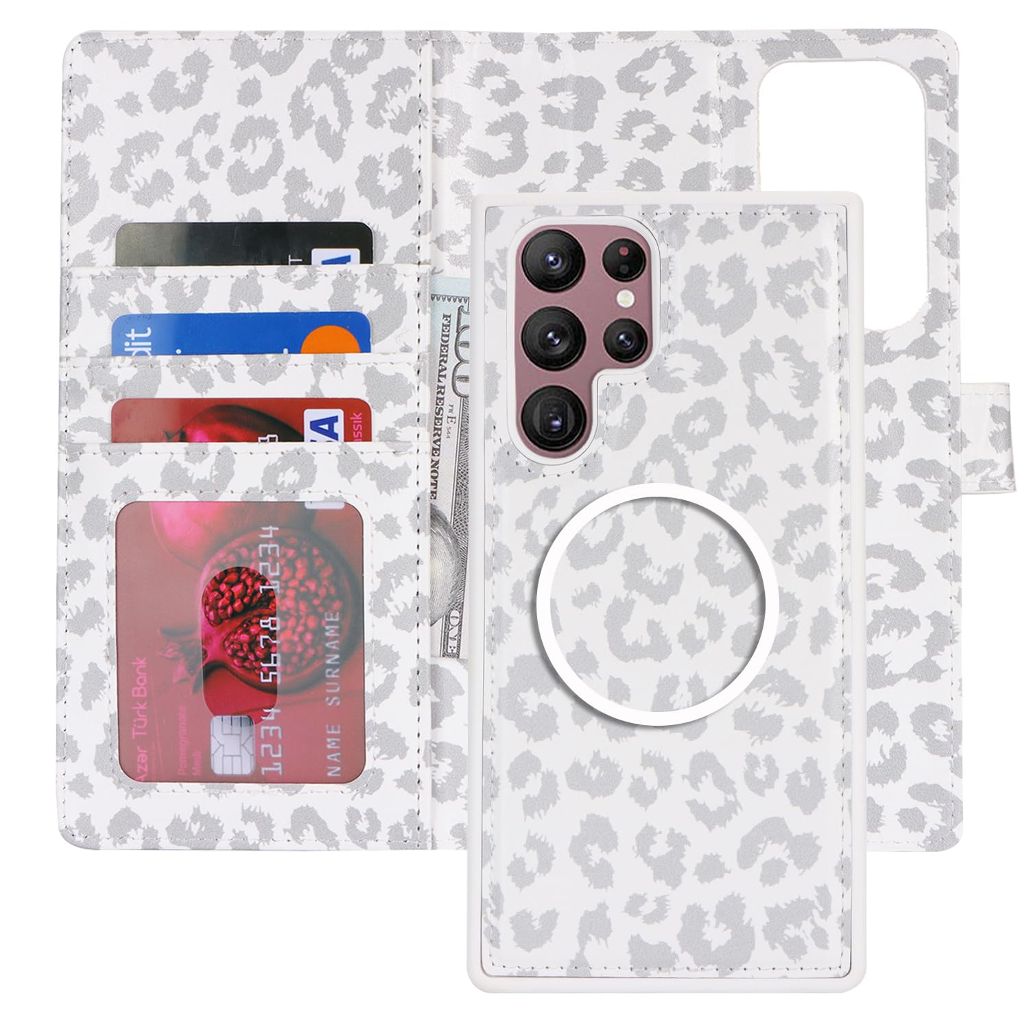 Pelanty for Galaxy S22 Ultra ケース手帳型 SC-52C SCG14 Magsafe対応 ワイヤレス充電 2in1分離式 携帯カバー PUレザー+TPU 財布型カバー マグネット 取り外し自由 両用 2way 小銭入れ札入れ カード収納 スタンド機能 耐衝撃 滑り防止 全面保護 サムスン ギャラクシー S22 Ultra スマホケース (白豹紋 白ヒョウ柄)