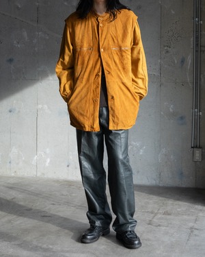 stand collar suede leather jacket / cotton flax blend sleeve / Made In ITALY