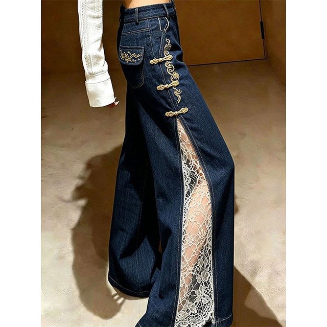 【XINGYAOシリーズ】★チャイナ風ズボン★ デニムパンツ ボトムス レディース レース チャイナボタン 切り替え