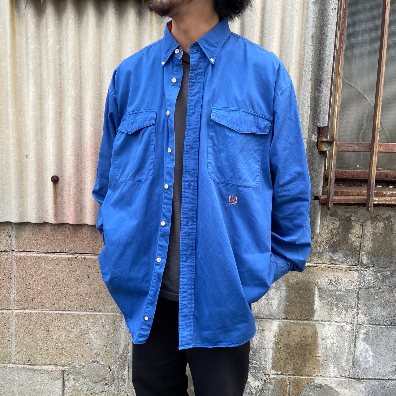トミーヒルフィガー 90s ラガーシャツ 極厚コットン L 紺 刺繍 輸入 古着 TOMMY HILFIGER（トミー・ヒルフィガー） L/古着 長袖 ブランド ラガー
