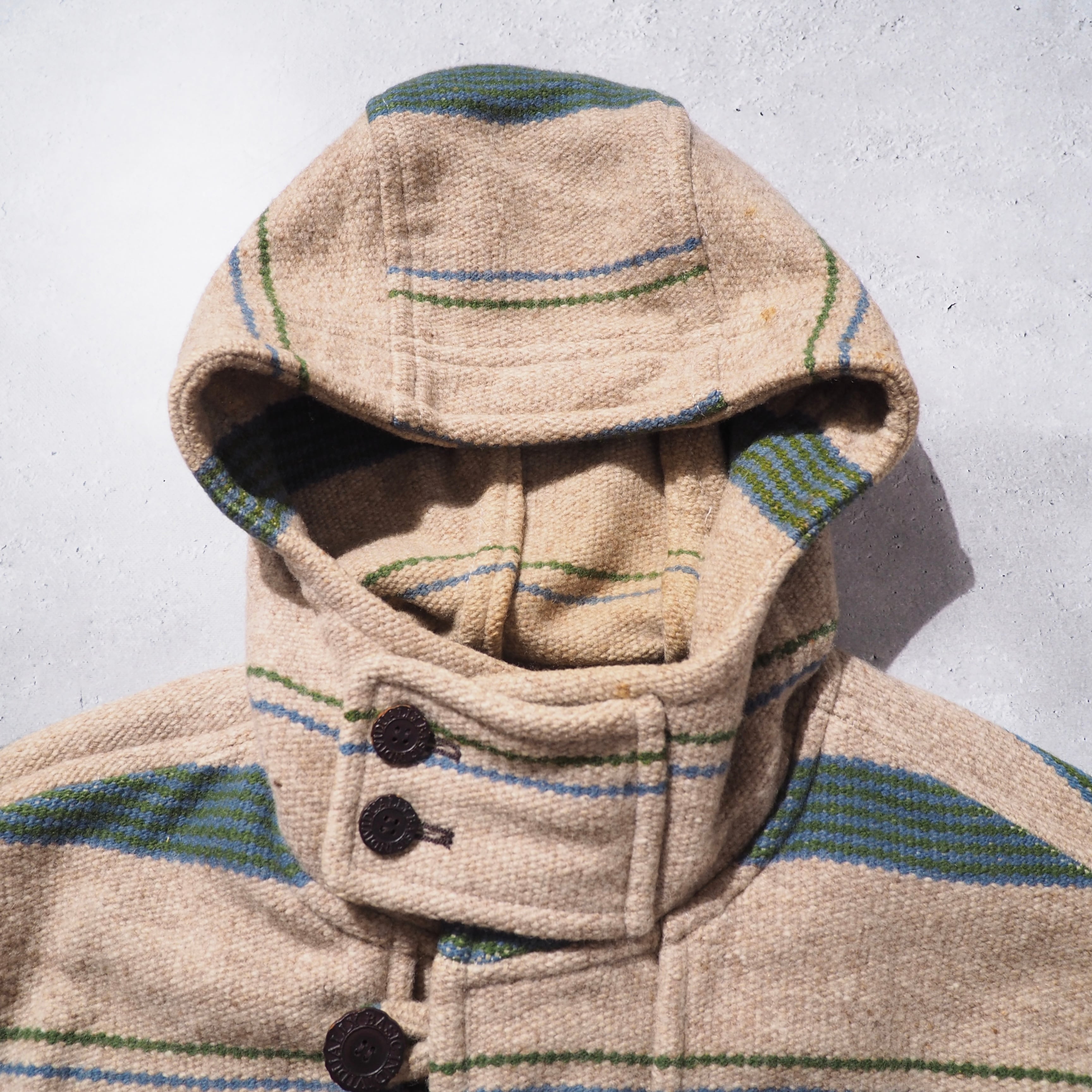 ” ixi:z ” green × light blue boarder line design vintage wool duffle coat