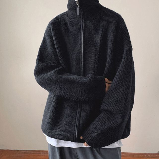 【予約販売】タートルネック ニット セーター メンズ カーディガン ジッパーデザイン ジップアップ ハイネック ビッグシルエット グレー ブラック ブラウン ホワイト カジュアル シック 男前 こなれ感 お洒落 韓国 トレンド 秋 冬 M/L/XL/2XL