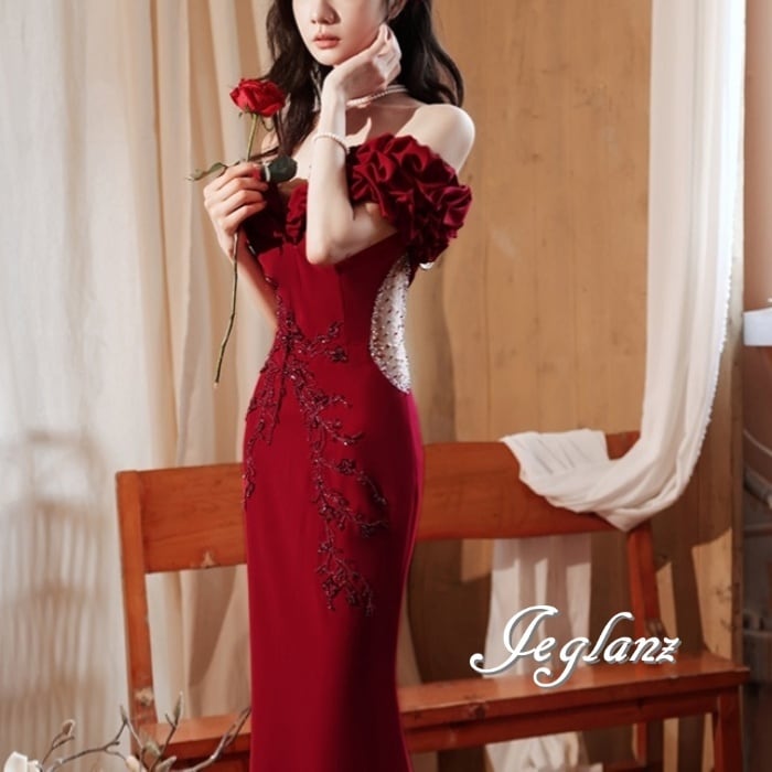 パーティ ウエディング カラードレス カットアウト オフショル 透け感 ♪(M8522)π