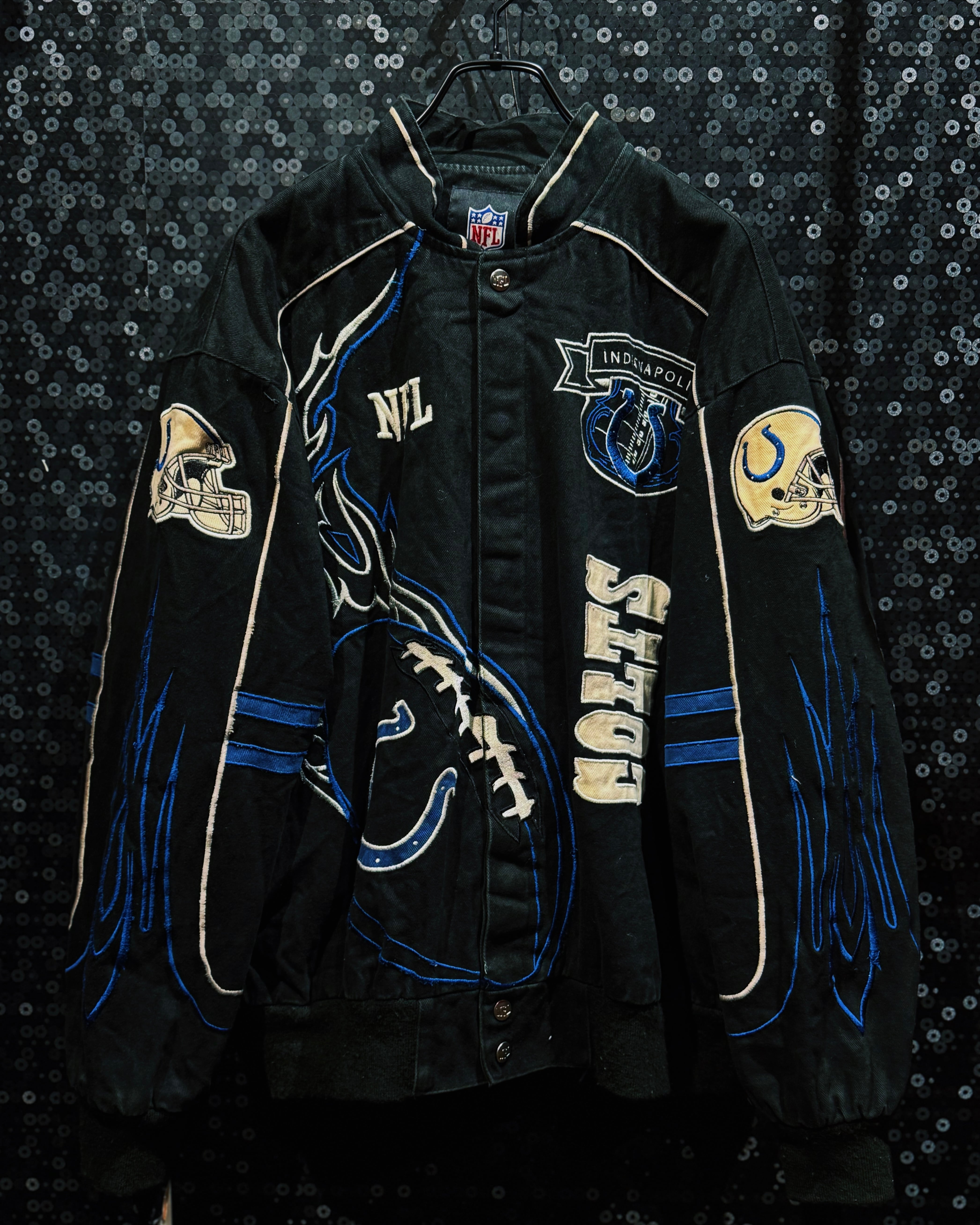 【ÆIEM】vintage NFL Indianapolis Colts All Patch Racing Jacket – Tribal Flame Black Edition