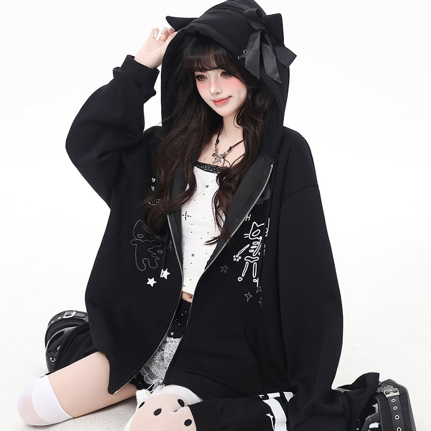 地雷系 ネコ耳 フーディ スウェット ゆったり ドロップショルダー 厚手 フリース裏地