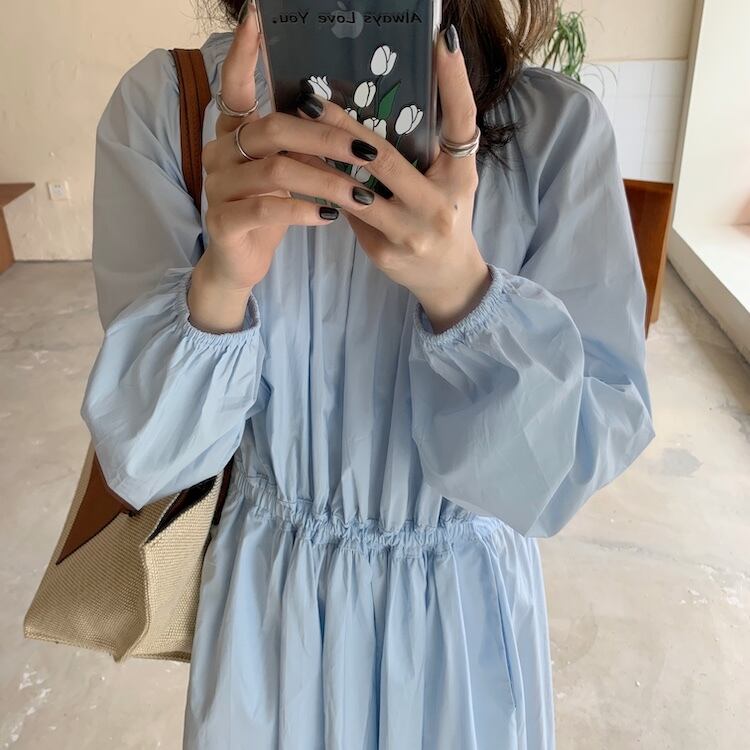 ブルーラウンドネックウェストロングスカート ルーズ長袖スリーブドレス スプリングカジュアル 春物 Oネック ビッグFスモールZ韓国94616828672
