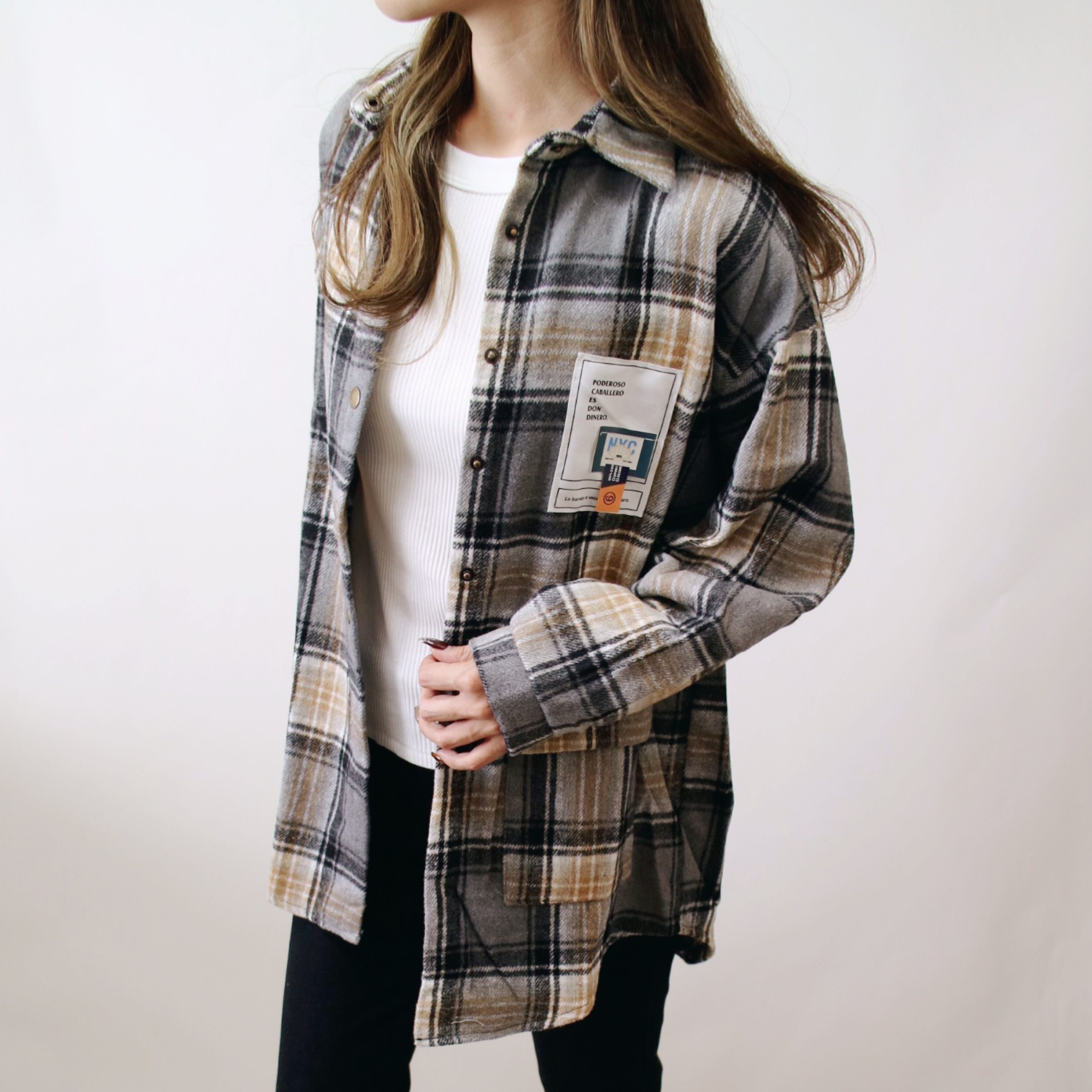 パッチ付き起毛チェックシャツ