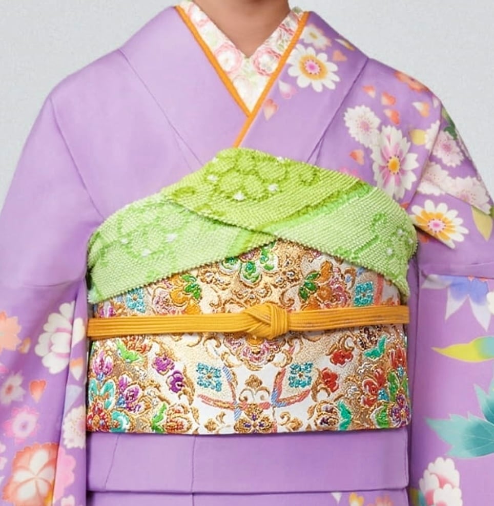 総絞り帯あげ 三色切取染分 菊唐草柄 振袖用 | 絞彩苑種田