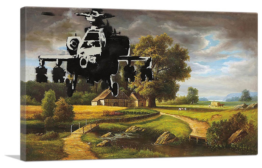 バンクシー「アパッチ ヘリコプター/Apache Helicopter Over Farm Field」展示用フック付きキャンバスジークレ