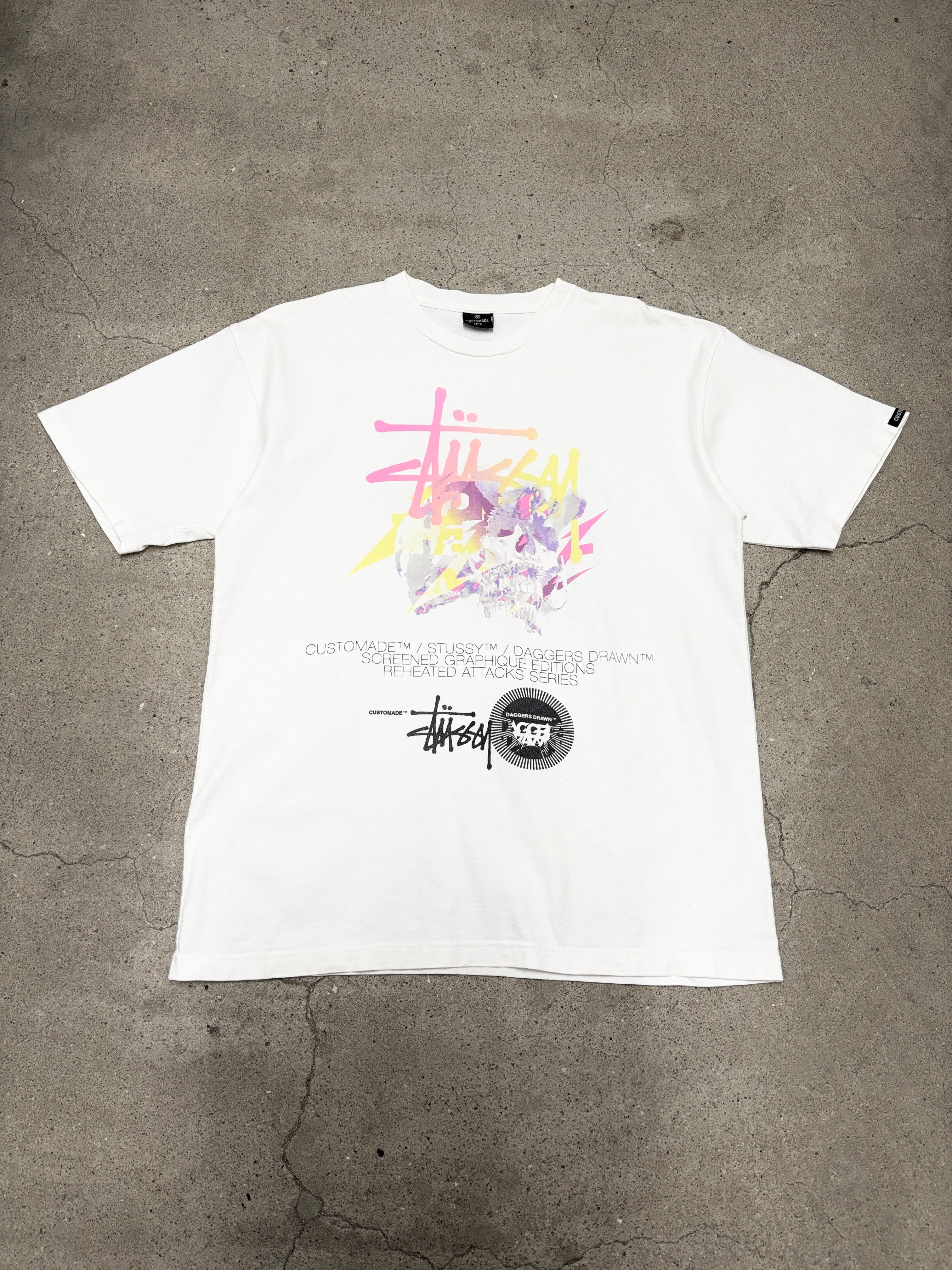 ジモティー限定価格‼️STUSSYカスタメイドTシャツ 00s OLD STUSSY/CUSTOMADE/DAGGERS DRAWN/Skull print Tee/USA製/L