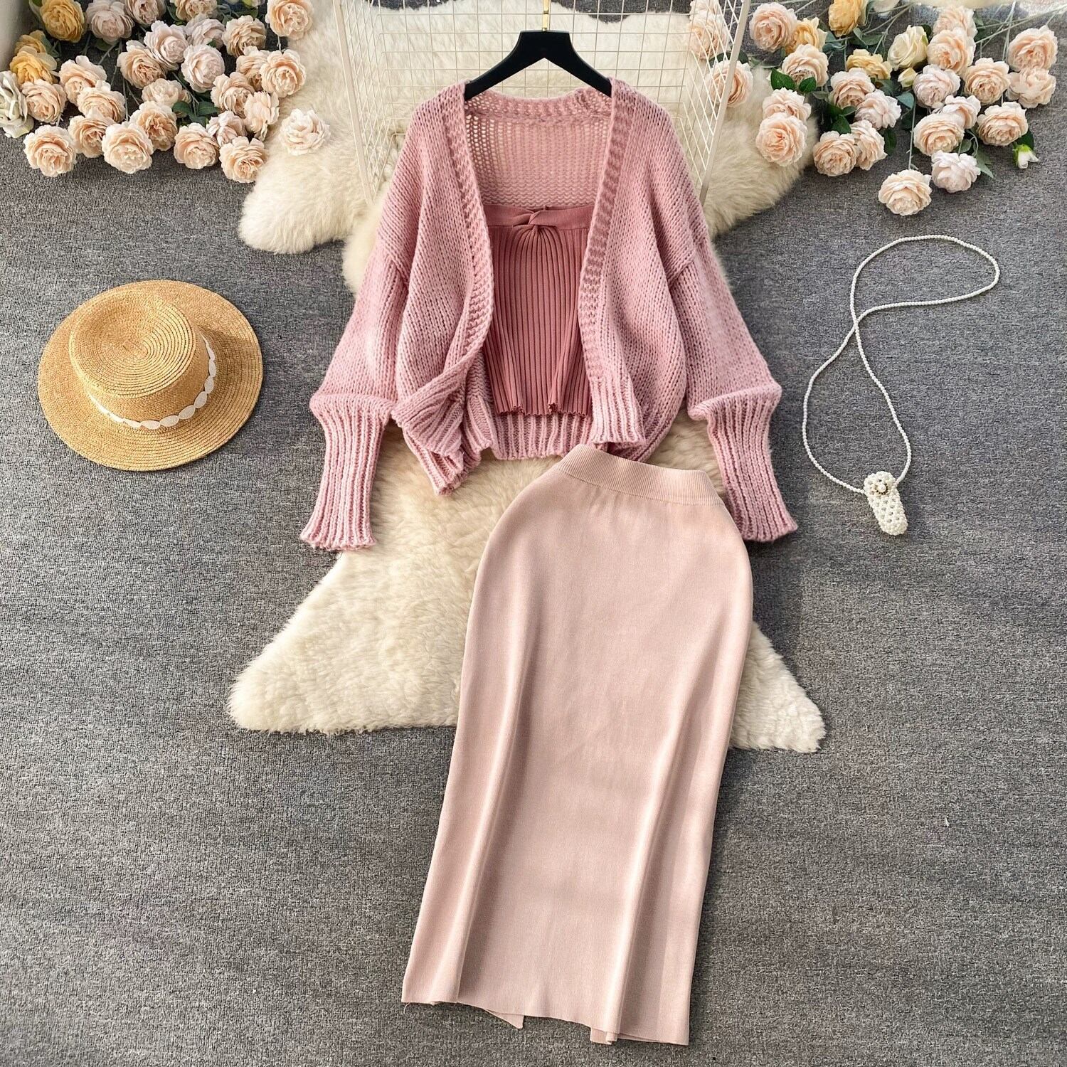 【set】ニットカーディガン×ベアトップ×スカート3点セット N2276