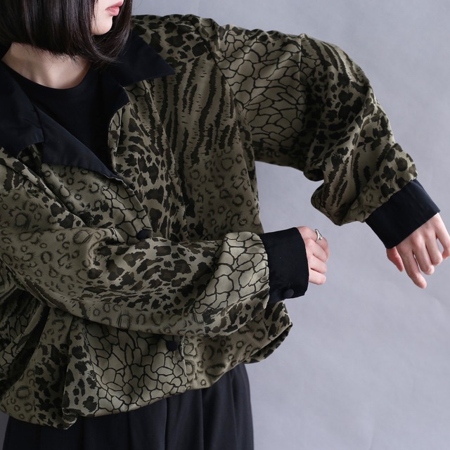 moss green leopard pattern switching design l/s shirt