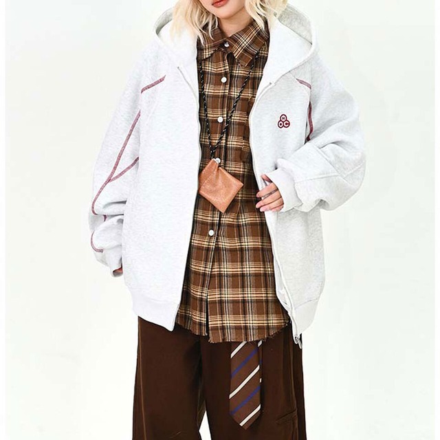 ラインステッチエンブレムジップフーディ 2col   R01484