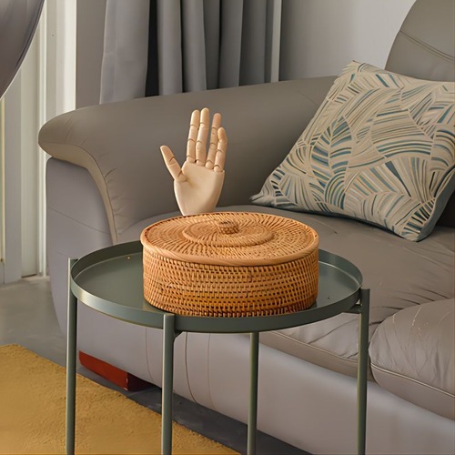 手編みバスケット ＜１２×３０cm＞ 木製風バスケット シンプル レトロ ラタン収納ボックス 蓋付き ジュエリー ティーセット 収納ボックス