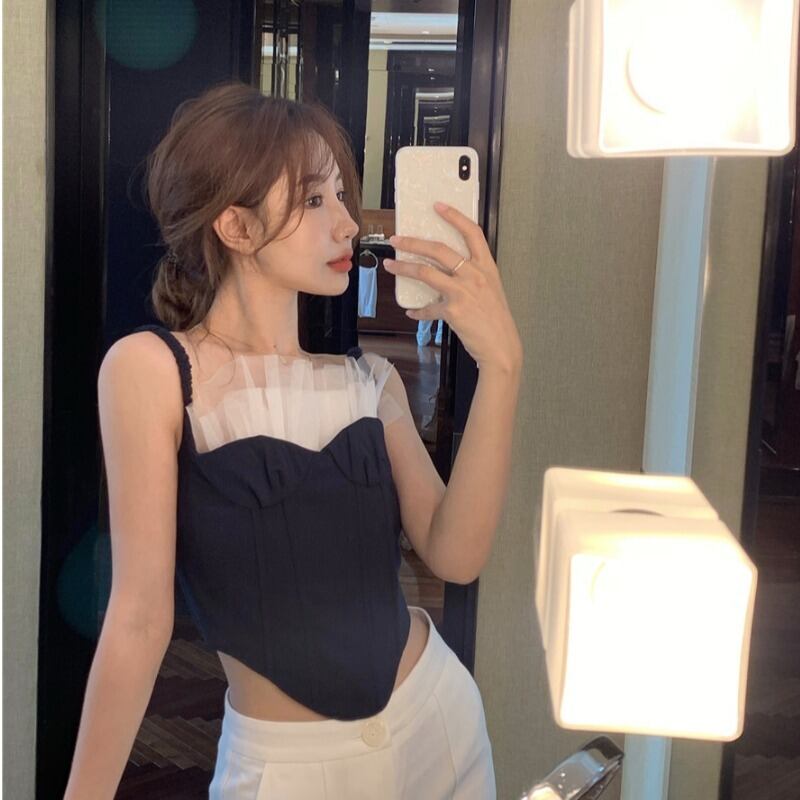 オールマッチネット糸ニットスモールサスペンダーレディース夏ボトムスベストノースリーブトップアウタートレンディー2020 new ブラックストロベリース50857591057