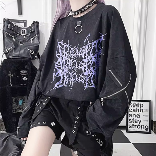 アングラプリントスリーブジッパー×リング ロングTシャツ（３カラーあり）（lli_6590）