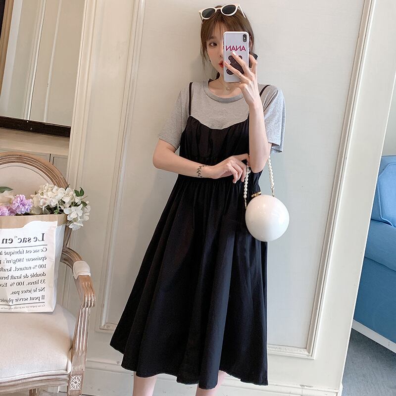 【新作】【送料無料】 マタニティウェア2020夏の新しいファッションステッチフェイクツーピースドレス、トレンディなマザーミドル丈、年齢を減らすマタニティドレス-アリババ サマー 夏物 expec213297078104