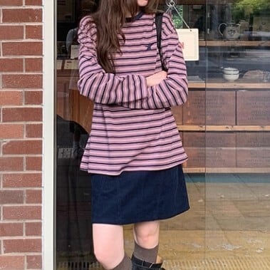 ボーダー柄 ヒップ丈 ロングTシャツ L1129