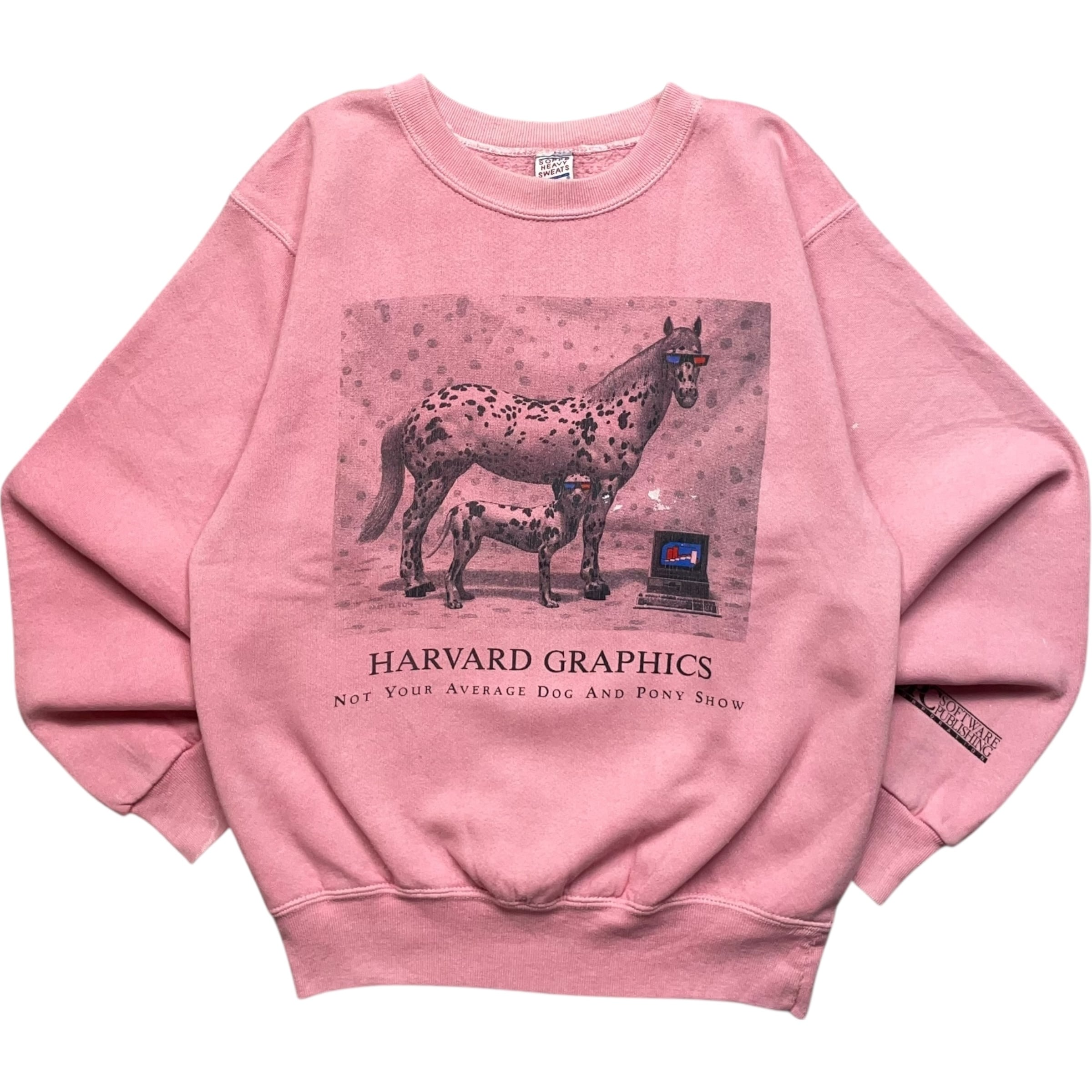 《M》 SOFFE ソフィー スウェット アニマルプリント ダルメシアン 馬 ハーバード大学 メッセージプリント ピンク USA製 90年代 vintage no.9400