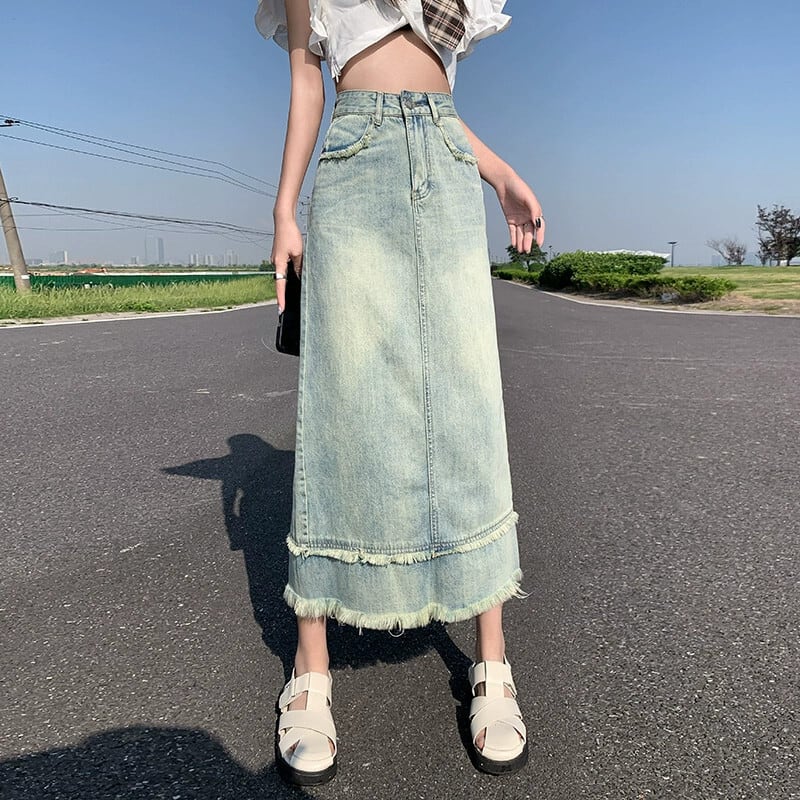 春と秋の y2k ハイウエスト A ライン デニム ロング スカート