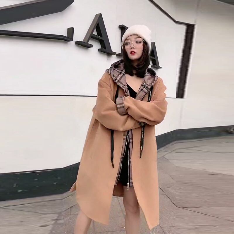 オータムウィンタースタイルフード格子柄薄手コート 大きめサイズ 秋物 冬物 ミックスインファッション23894319125