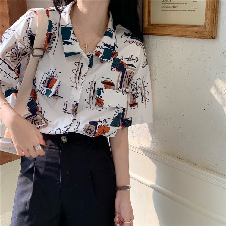 送料無料 ヴィンテージ感 で上級者コーデ 柄シャツ 古着風 半袖 ゆったり レトロ カジュアル メンズライク Lamitte Deco トレンド 韓国ファッション ショップ Base店