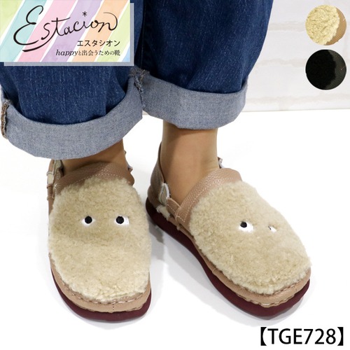 TGXE728【ﾚﾃﾞｨｰｽ】Estacion～エスタシオン～・もこもこボアおめめモチーフ本革スリッポンシューズ