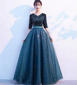 ★送料無料★7～9号(S～M)☆スパンコール切替ロングドレス(OPN2698)