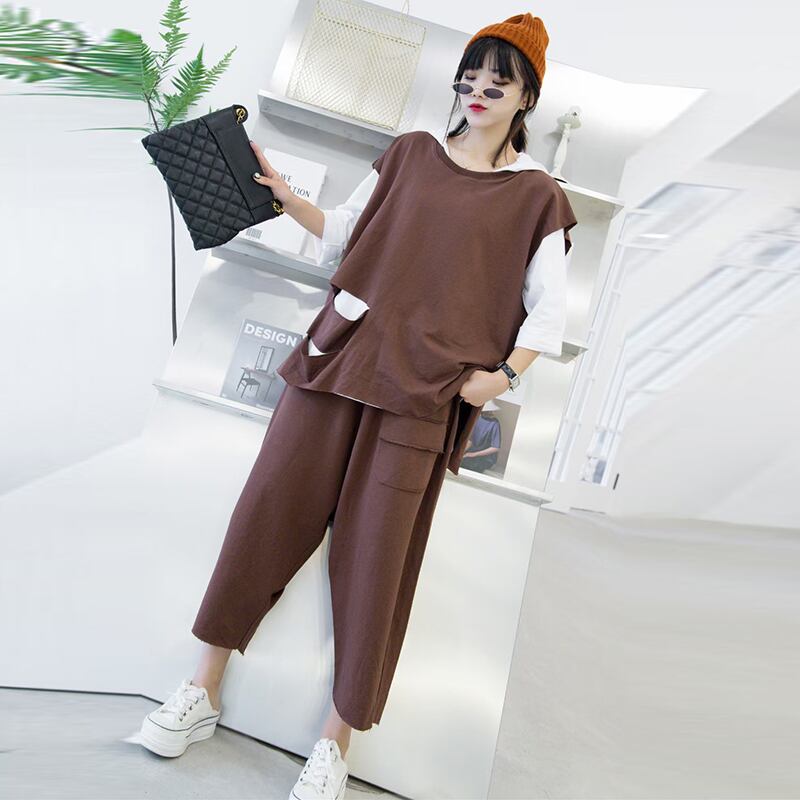 スプリングルーズフードTシャツ ラウンドネックトップス パンツ 大きめサイズ 春物 Oネック ミックスインファッション94150509369