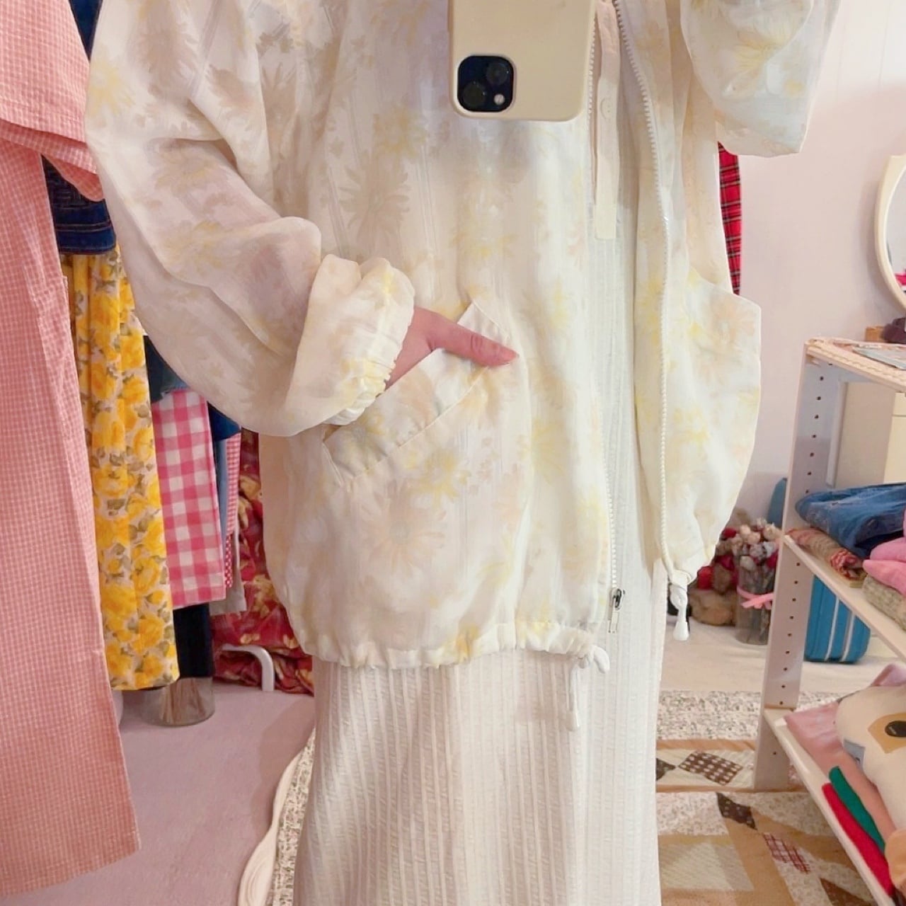 flower stripe sheer zip-up jacket