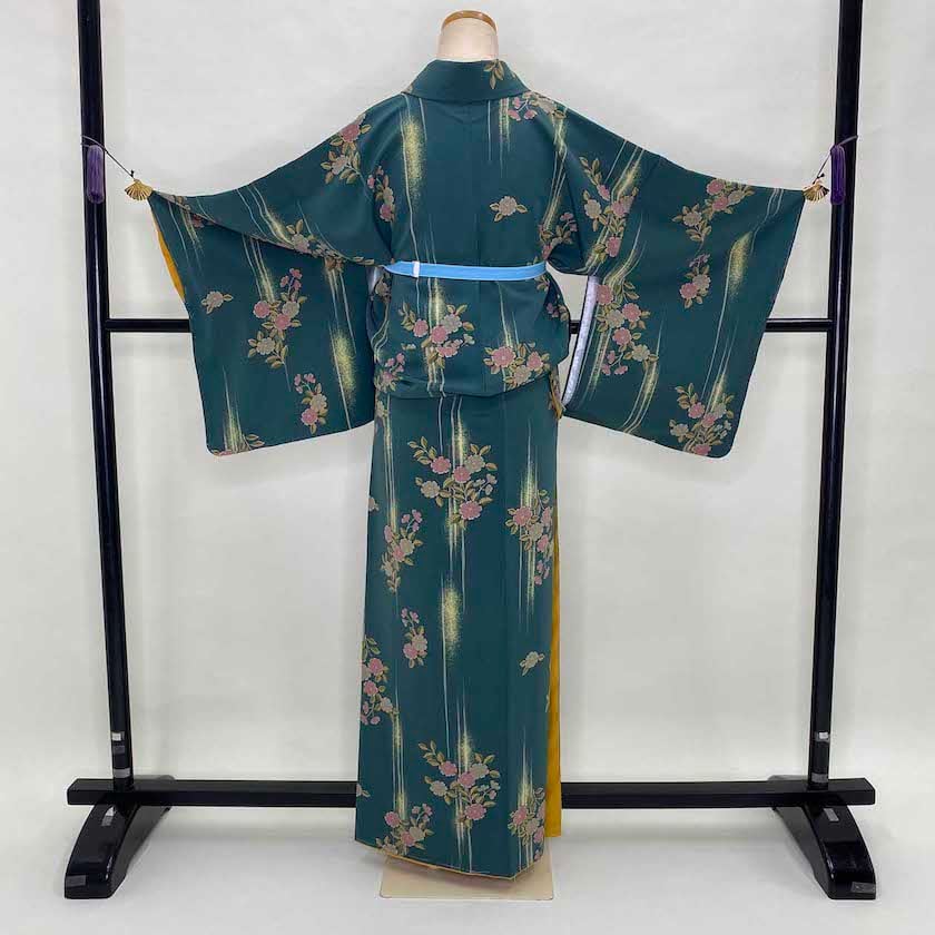 小紋 着物 袷 手染め 黒緑色地 変わり市松 裄64.5 M 中古 のけ 