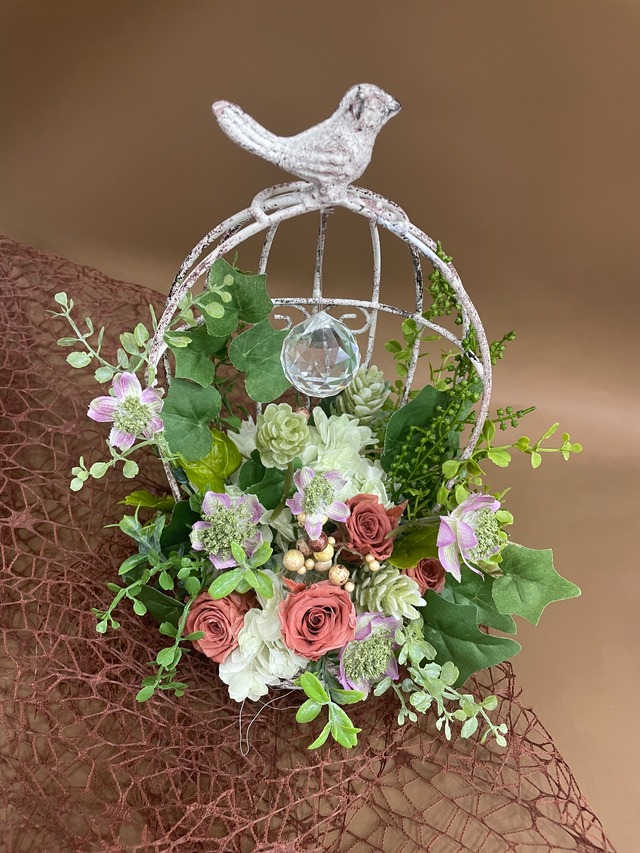 鳥かごアレンジ アーティシャルフラワー 枯れないお花 置きもの Hanatozakkato