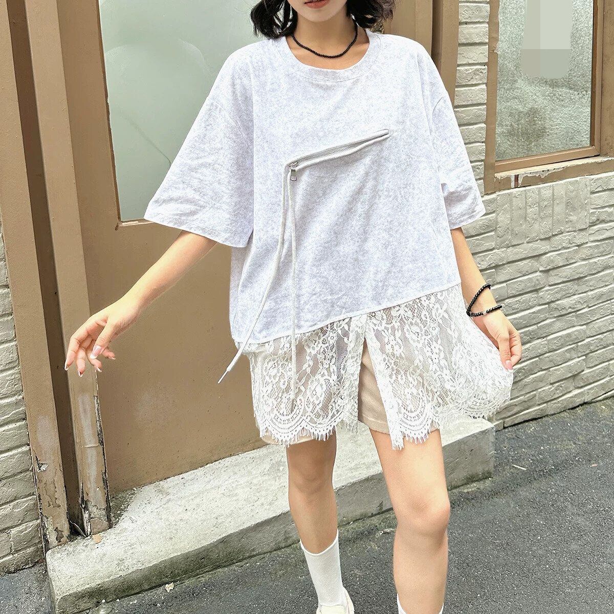 ZIP TRIMMED LACED HEM TUNIC T-SHIRT 3colors M-16247