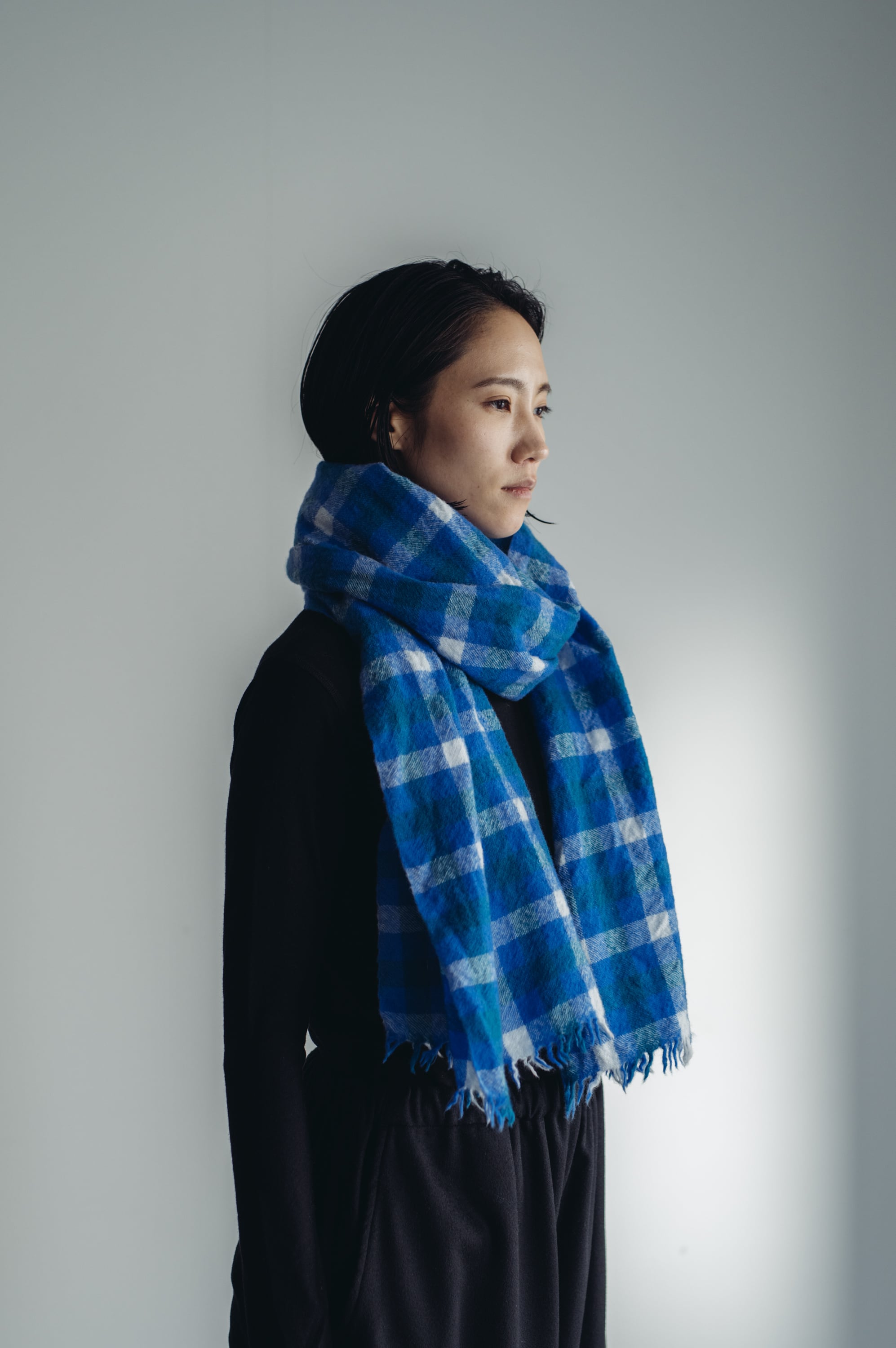 02411-2 block check stole / turquoise,blue,light blue
