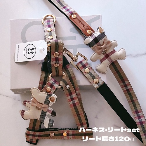 在庫限り【№E00026】ハーネスリードセット　ノバチェック柄（S～XL）