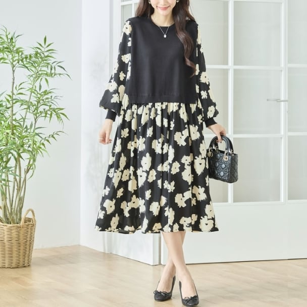 TRUBE 異素材 切替 フラワープリント ワンピース レディース ニット切替 花柄 長袖 きれいめ ミセス 大人可愛い N83-248 fmsd レディース 長袖 デイリーファッション 大人フェミニン 大人可愛い 普段着 ミセス おしゃれ着 30代 40代 50代 60代