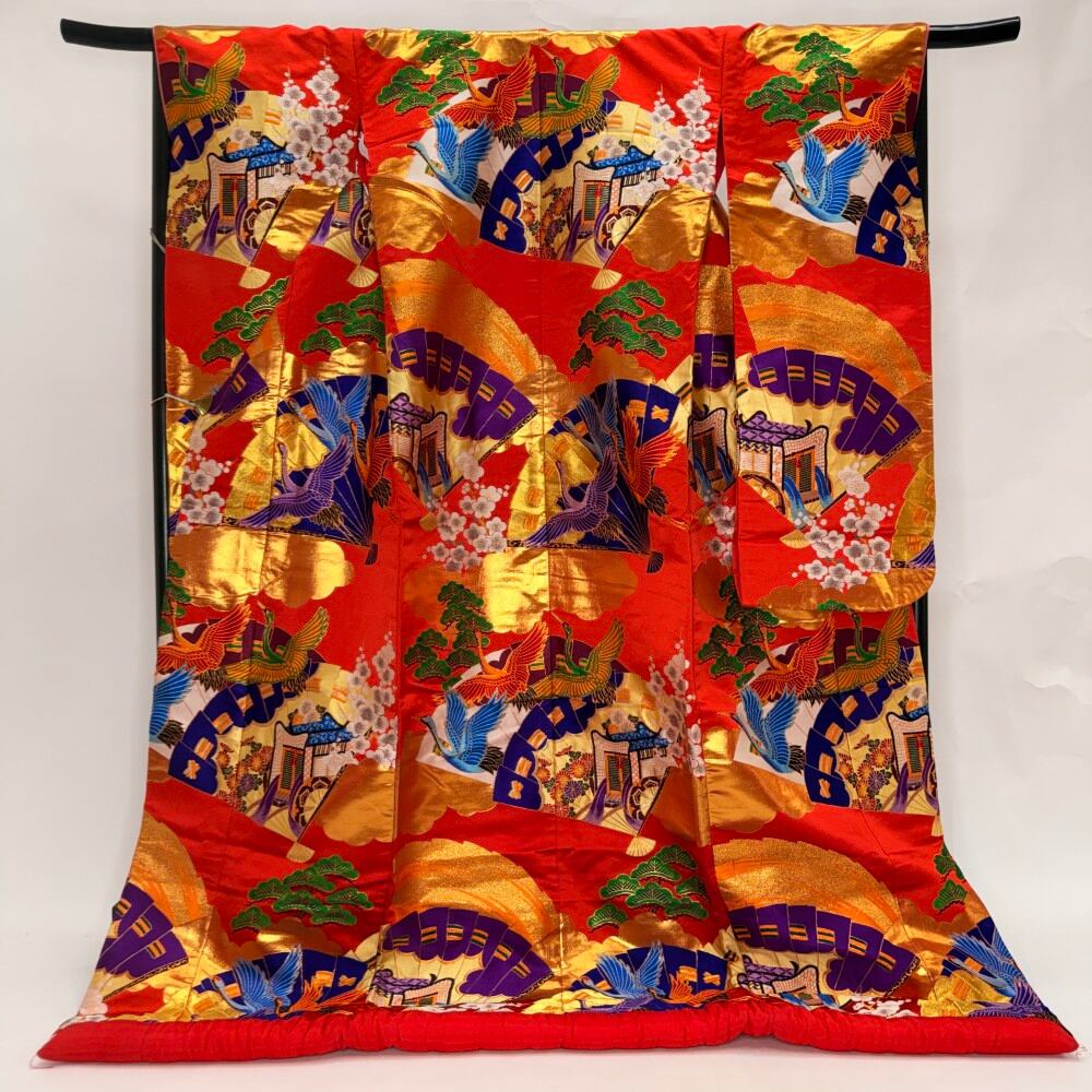 色打掛 正絹 鶴 刺繍 赤 打掛 花嫁衣裳 ポリエステル リサイクル 中古 ブライダル ウエディング 着物 6625