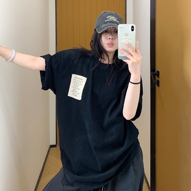 ★予約★D-990　2026春新作♡RICECAKE手書きプリントラベル半袖Tシャツ　ブラック