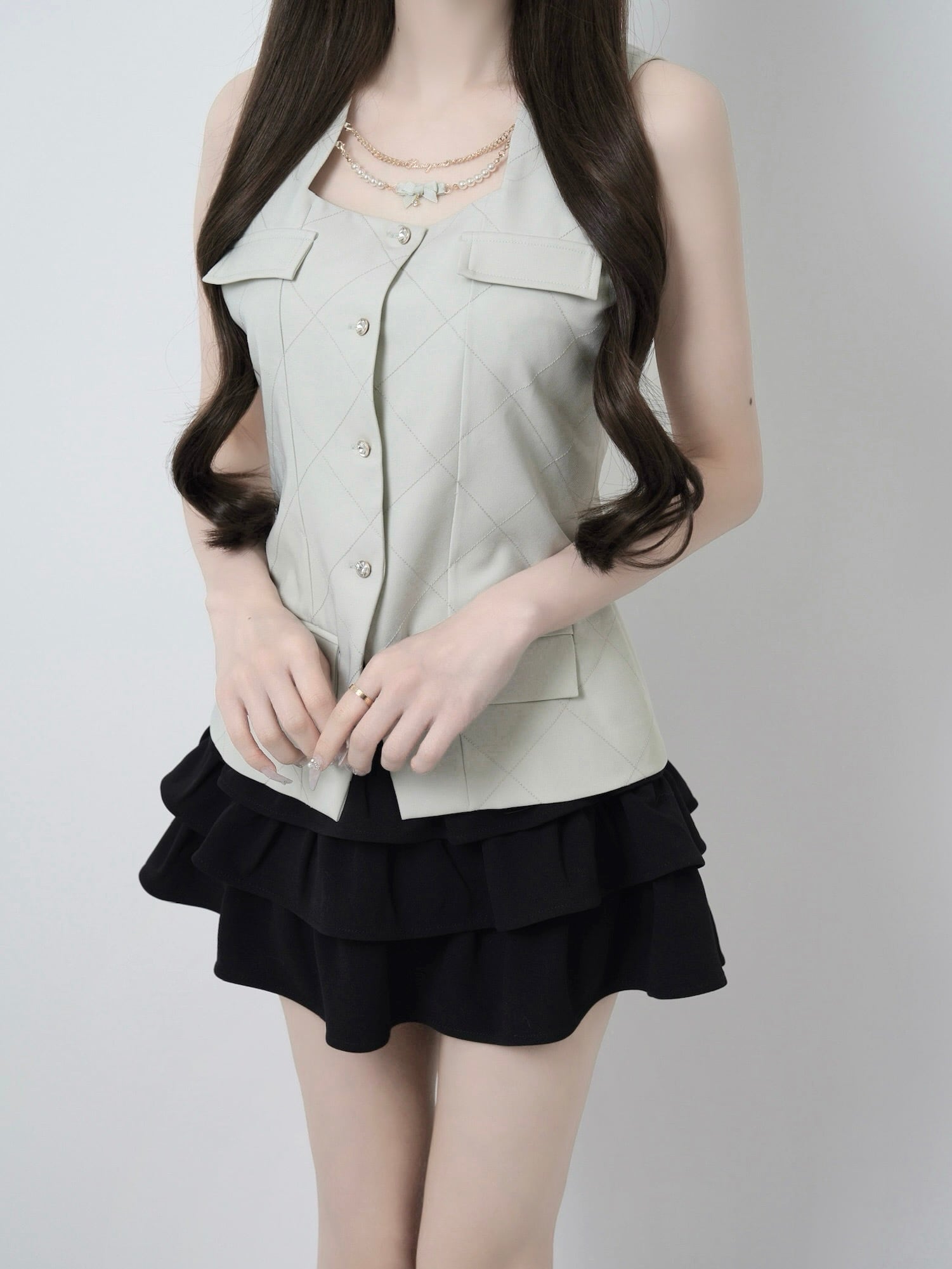 ルミニョン Pearl ribbon chain quilting グリーン Lumignon original ♥Pearl ribbon chain quilting gilet【ミント
