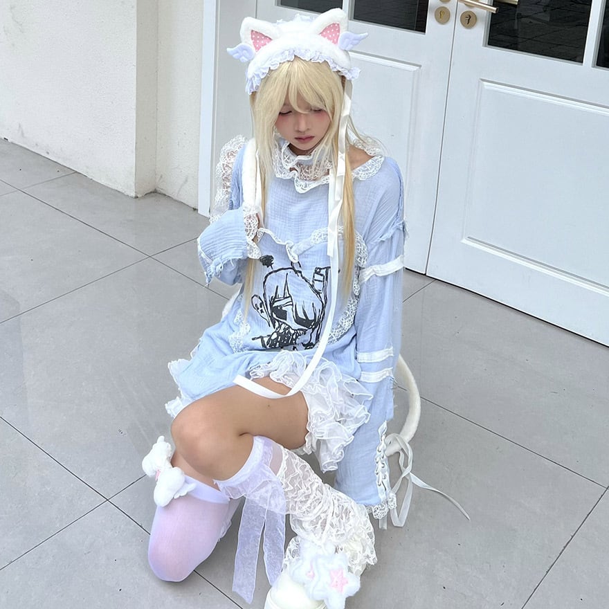 シャツ オープンショルダー 長袖トップス 二次元プリント 闇かわいい