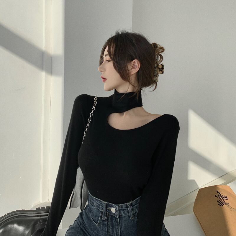 ニットセーター ブラックストラップレスシャツ スプリングトップス 春物 ブラックストロベリース12867237495