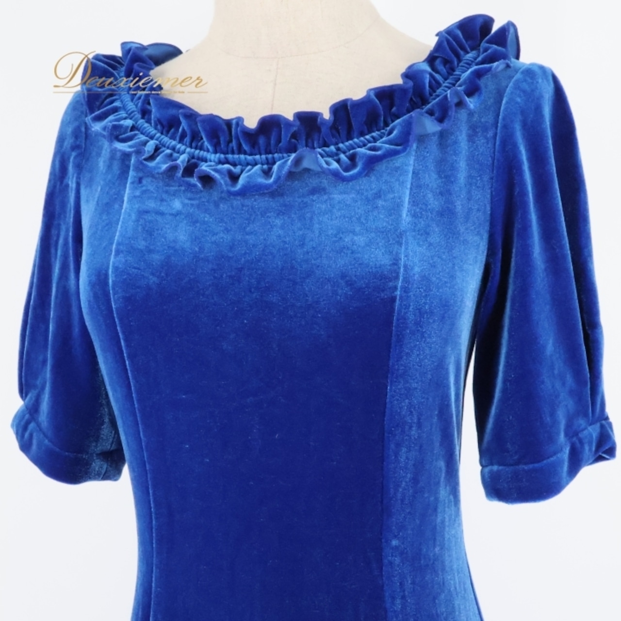 フラダンス 衣装 ワンピース ドレス マーメイドライン エムエムジェイ ブルー系 MermaidLine MMJ 日本製 ベロア 五分袖 無地 フリル かわいい 上品 きれい 高級感 光沢感 青 ハワイアン アロハ ハワイアンプリント フラ ダンス レッスン